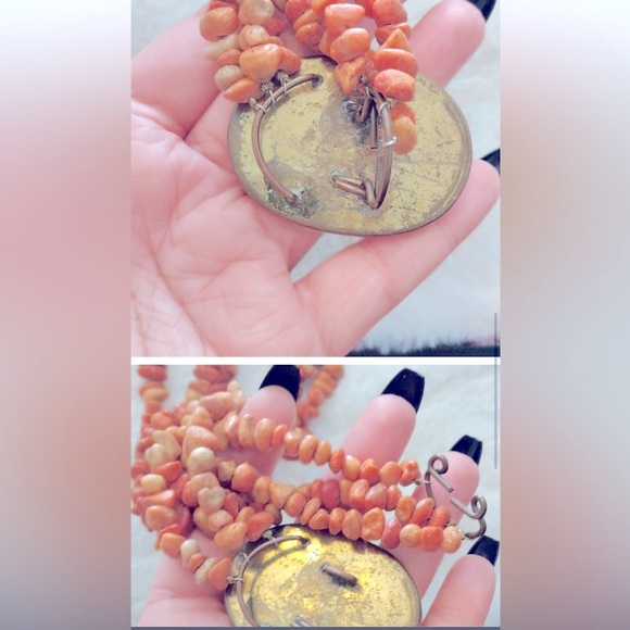 Necklace Coral stone beaded matte nugget 17” choker, inlaid coral shell - Picture 4 of 4